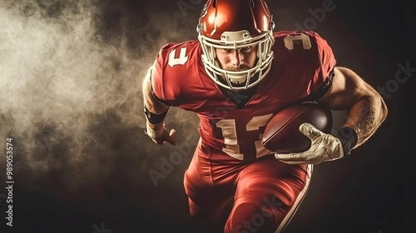 Fototapeta A determined football player runs with the ball in his hand.