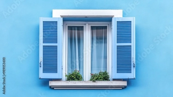 Fototapeta A blue wall with a window featuring open shutters and potted plants.