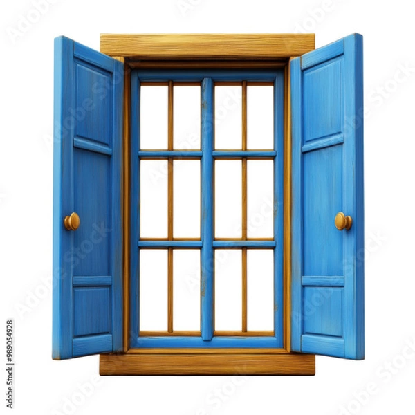 Fototapeta Open blue window with wooden frame, white isolated background. transparent background