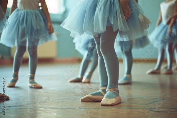 Fototapeta Children wearing pastel tutus and ballet shoes preparing for class, standing together in a dance studio.