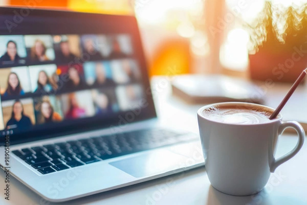 Fototapeta An image of a laptop showing a video call screen and a cup of coffee, depicting a modern remote working environment.