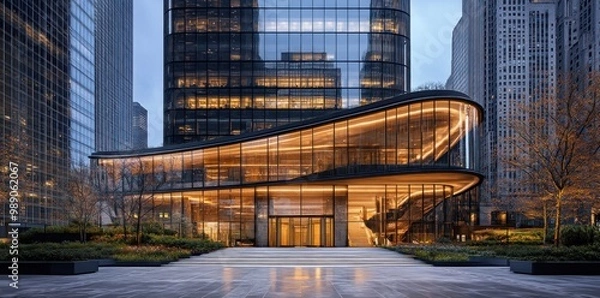 Fototapeta Modern Glass Office Building with Illuminated Entrance and Surrounding Greenery