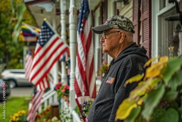 Fototapeta Veteran Celebrates Veterans Day with Patriotic Display of American Flags Outside Home