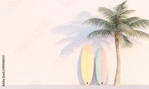 Fototapeta 3D rendering of two surfboards and a palm tree on a white background.