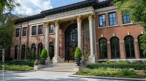 Fototapeta A grand brick mansion with a large entranceway and manicured landscaping