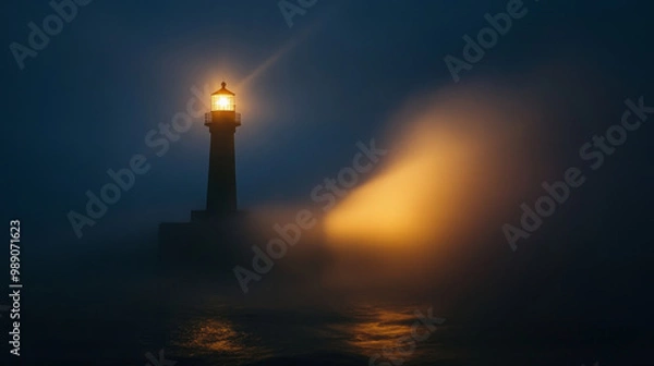 Fototapeta A serene nighttime photo of lighthouse, its beam cutting through fog, illuminating dark waters. atmosphere evokes sense of calm and mystery