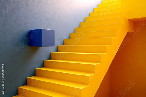 Fototapeta Blue cube and yellow stairs abstract 3d render style illustration.
