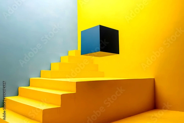 Fototapeta Blue cube floating above yellow stairs surreal abstract illustration.