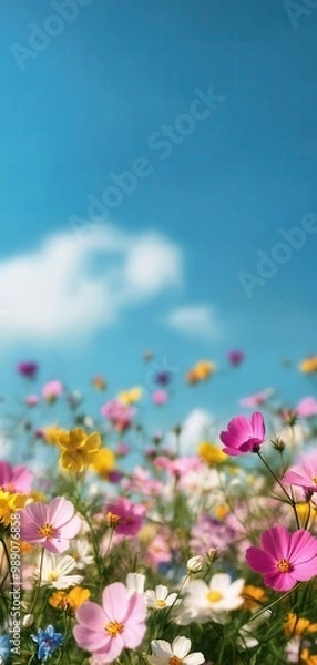 Obraz The colorful spring meadow filled with blooming wildflowers under a bright blue sky Generative AI illustration with soft