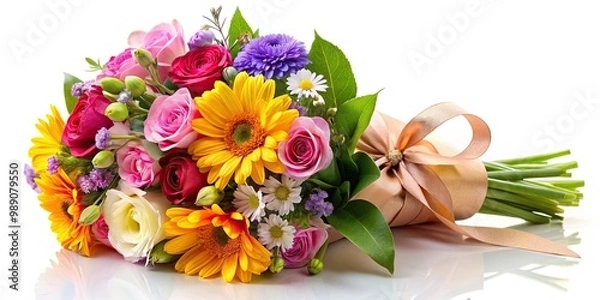 Fototapeta A beautiful bouquet of colorful flowers, wrapped in a delicate ribbon, sits on a white background, symbolizing love and appreciation for mothers everywhere.