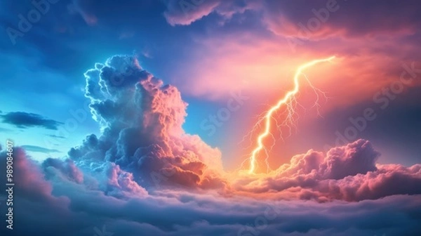 Fototapeta Dramatic Storm Clouds with Lightning at Dusk