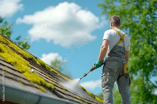 Obraz A man is cleaning the roof with a high-pressure water hose, on top of an old, shingle-and-moss-covered house roof. 