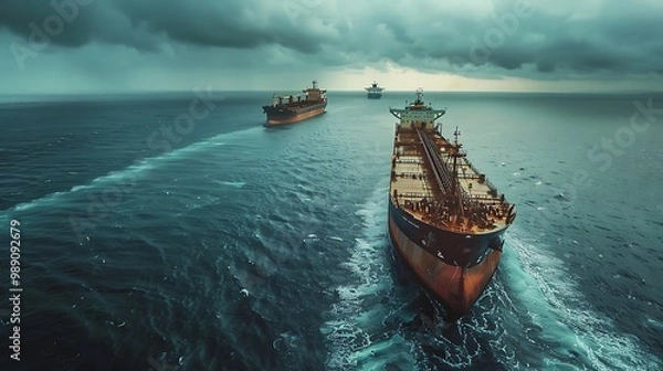 Fototapeta Aerial view of large cargo ships navigating through a turbulent sea under dramatic, cloudy skies.