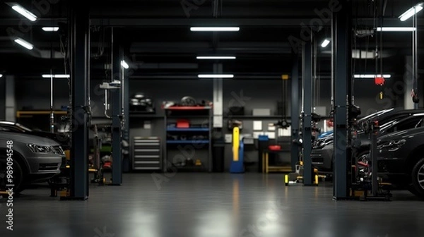 Fototapeta An automotive workshop with several cars parked and ready for maintenance and repair. The workshop is well-lit with organized tools and equipment in the background.