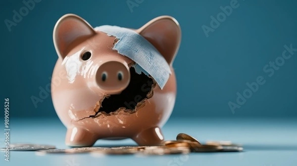 Fototapeta A shattered piggy bank patched with a bandage and scattered coins on the surface, symbolizing financial hardships, resilience, and the importance of savings in tough times.