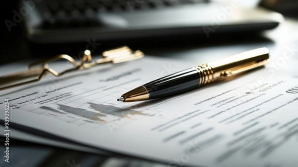Fototapeta A workplace setup with a document showing charts, a pen, and a pair of glasses on a desk, depicting themes of professionalism, focus, and detailed work.