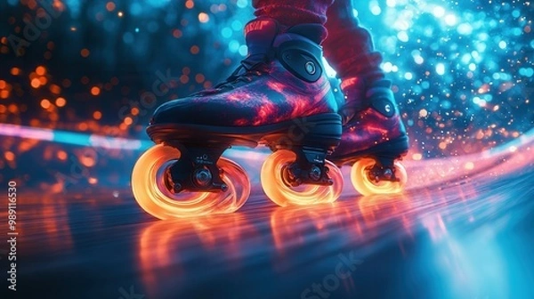 Fototapeta Close up of rollerblades in motion with glowing wheels conveying a dynamic and futuristic vibe The background is filled with vibrant and colorful lighting effects