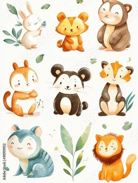 Fototapeta A charming collection of cute, hand-drawn animals surrounded by leafy elements, perfect for children's art and decor.