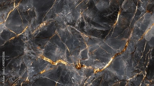 Fototapeta Close-up texture of dark grey marble with metallic gold veins, filling the frame with a luxurious and modern vibe