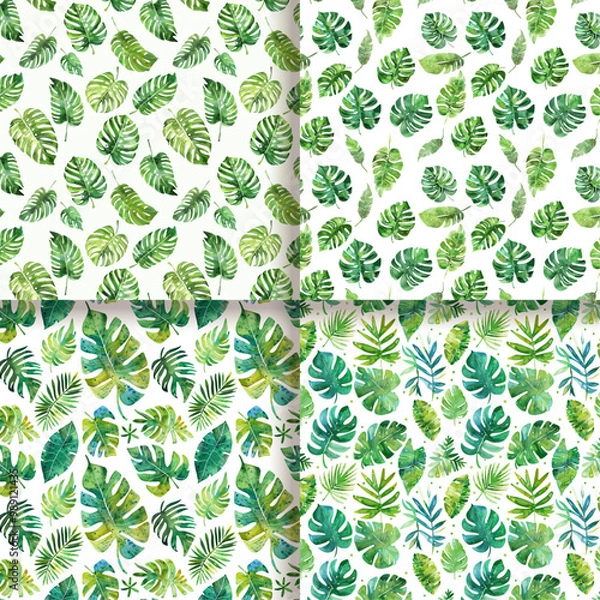 Fototapeta Tropical Leaves Watercolor Seamless Pattern Set