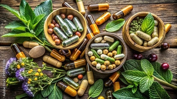Fototapeta Assorted herbal supplements and natural vitamins in various shapes sizes and colors arranged in wooden bowls on a rustic wooden background with fresh leaves and flowers