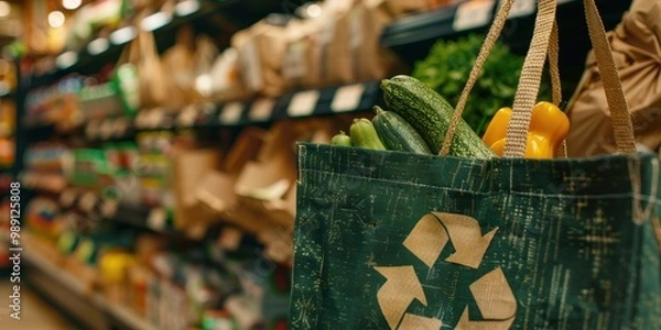Fototapeta Sustainable grocery store promoting eco-friendly practices, reusable fabric bags, and a focus on climate action with a zero waste approach and a reduction in carbon footprint