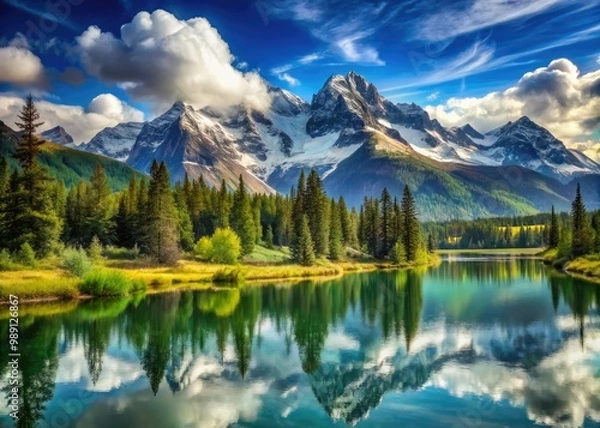 Fototapeta A serene landscape featuring majestic snow-capped mountains surrounded by lush green forests, tranquil lakes, and wispy clouds under a clear blue sky.