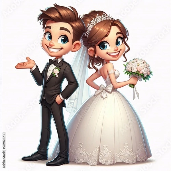 Obraz fun bride and groom cartonized on white background