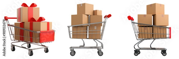 Fototapeta Shopping carts filled with boxes and gifts on a white isolated background.