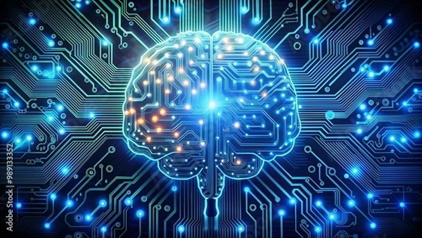 Fototapeta Placa de circuito con forma de cerebro con flujo de datos, ilustración de tecnología futurista