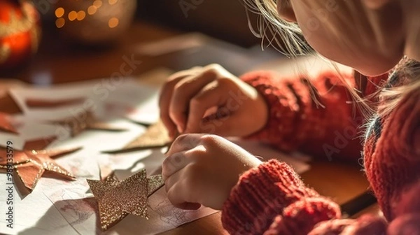 Fototapeta Un niño pequeño creando adornos navideños en forma de estrellas con papel brillante en una mesa iluminada por luces festivas.