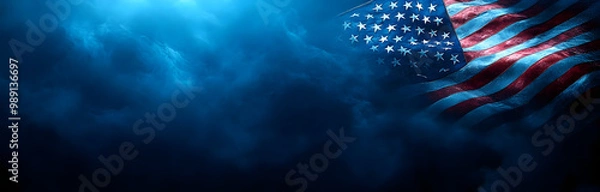 Fototapeta Vertical American Flags on Dark Blue Background with Misty Atmosphere