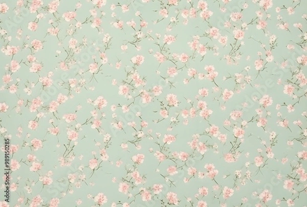 Obraz Delicate Pink & Blue Floral Pattern on Green Background