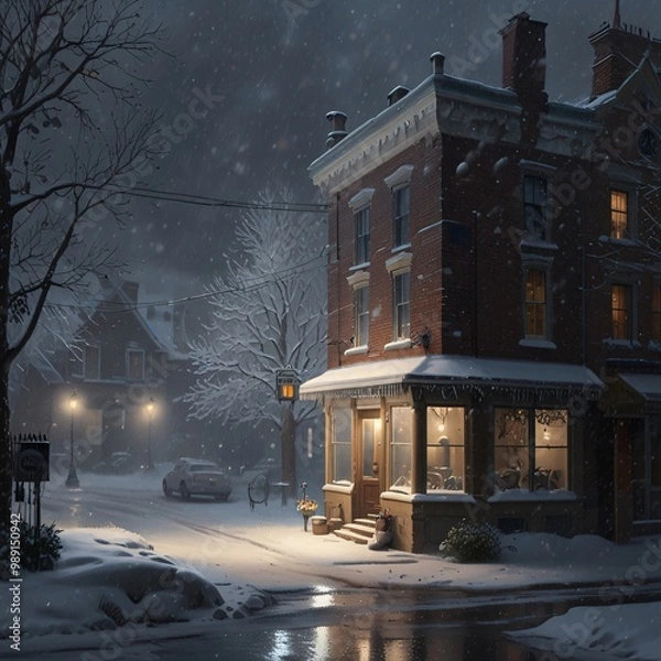 Fototapeta A peaceful winter scene with light snowfall blanketing a quiet town, raindrops gently tapping on windows as icy rain mixes with snow, creating a soft, serene atmosphere