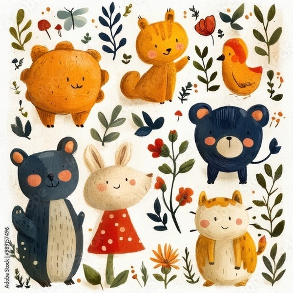 Obraz Playful and colorful illustrations of adorable animals surrounded by flowers and foliage. Perfect for children's decor.