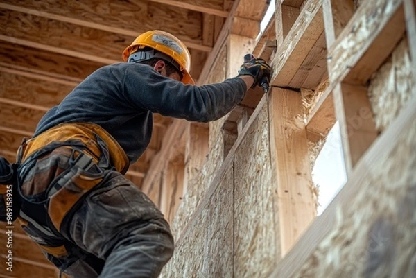 Fototapeta A construction worker wearing a helmet and working on the wooden frame of a house. He is holding a drill in his hand. Generative AI
