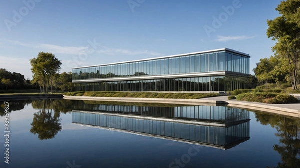 Fototapeta Modern glass building with green surroundings and clear blue sky showcasing contemporary architecture.