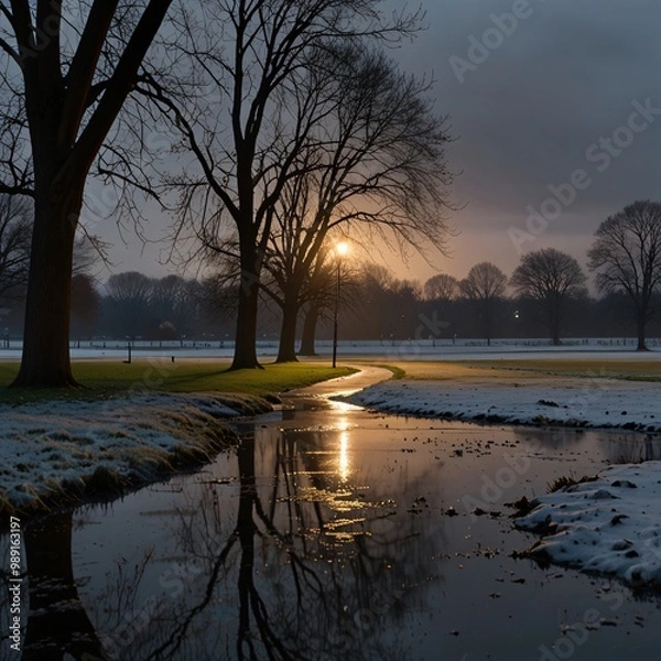 Fototapeta It is a quiet park on a chilly winter evening, rain falling lightly over the frosty ground, creating a peaceful ambiance as puddles form in the frozen grass
