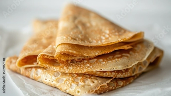 Fototapeta Close-up of Folded Golden Brown Crepe on White Background, Soft and Fluffy French Dessert