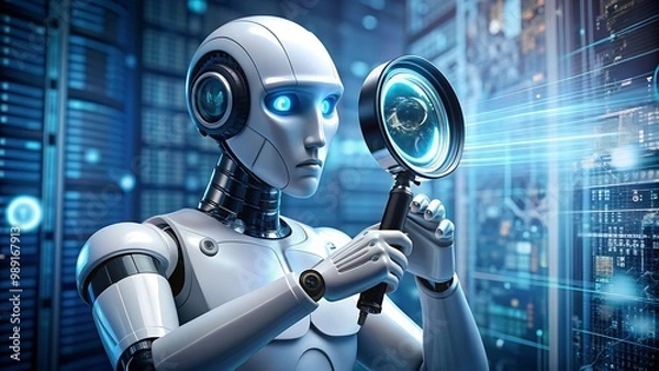 Fototapeta A robot holding a magnifying glass, analyzing data.
