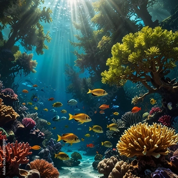 Fototapeta A serene coastal forest with towering evergreen trees basking in dappled sunlight, above a vibrant underwater world teeming with colorful coral reefs and swimming fish, as sunlight beams gently 