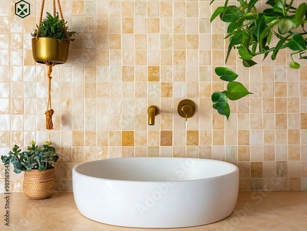 Fototapeta Modern bathroom with elegant sink and plants