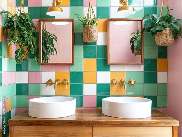 Fototapeta Colorful modern bathroom with plants and mirrors