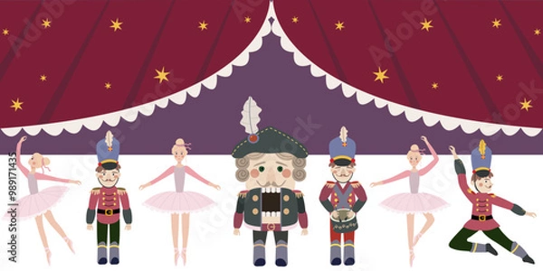Obraz Nutcracker  set: dancing ballerina, toy soldier, nutcracker, theater curtains. Vector  isolated clipart elements.