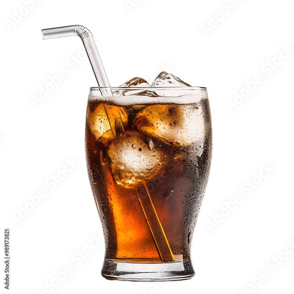 Fototapeta bubbly cola drink with ice and a straw