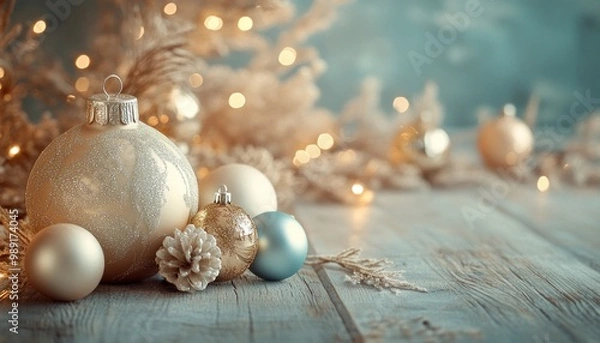 Obraz Christmas wooden table decoration with luxury shiny balls, dry grasses with golden fairy lights, blurred green background. Nordic, minimalistic feeling of celebration, concept of hygge. 