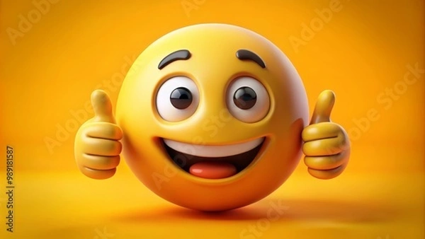 Obraz 3d yellow emoji is showing a thumbs up gesture, conveying positivity and approval on a vibrant yellow background