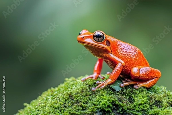 Fototapeta Vibrant Orange Poison Dart Frog Perched on Mossy Log