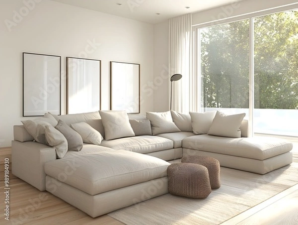Fototapeta Cozy and inviting 3D rendered modern living room with a large comfortable sectional sofa minimalist and stylish decor natural light filtering through large windows