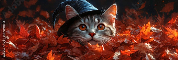 Fototapeta A cute cat wearing a witch's hat peeks out from a pile of autumn leaves.